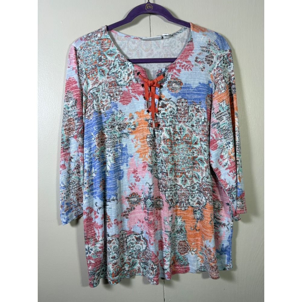 Susan Graver Weekend Mandala Print Lace Up Top Colorful 1X Boho Festival Resort